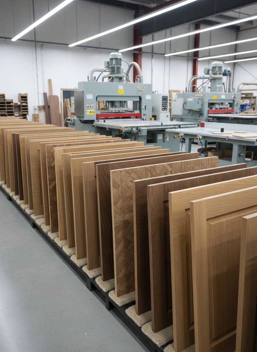 An artisan woodworking workshop interior with perfectly organized rows of freshly pressed veneer panels and finished wooden cabinet doors leaning on padded racks, all showcasing different wood species and thermal pressing patterns. Heavy-duty pressing machines and cutting tables are visible in the background, immaculately clean, emphasizing a professional industrial setting rather than a cluttered shop. Overhead industrial lighting provides bright, even illumination that highlights the smooth, flawless surfaces of the pressed panels and the richness of their natural colors. Photographic realism, shot from a medium height with a deep depth of field so that every element from foreground panels to background machinery is crisply detailed. The atmosphere is technical, efficient, and expert, conveying mastery in veneer handling, thermal pressing, and high-end wood manufacturing processes.