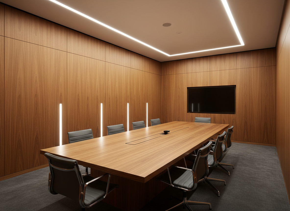 A large conference room interior showcasing complete wooden wall cladding and a central meeting table fabricated from the same matching veneer, with seamless joints and flawless alignment across surfaces. The wood has a warm medium-brown tone with linear grain, treated with high-quality thermal pressing for a perfectly flat, refined finish. Discreet LED strip lighting runs along the ceiling perimeter, casting an even, diffused glow that gently grazes the wooden walls, creating soft vertical shadows in the panel joints. Photographic realism, captured from a corner at a wide angle to show the entirety of the cladded walls and custom furniture. The scene feels formal, sophisticated, and meticulously crafted, demonstrating advanced capabilities in large-scale wooden interiors, veneer work, and precision wall paneling for corporate environments.